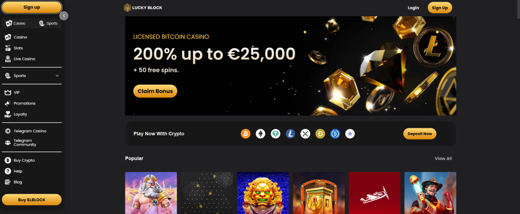 Home page of Lucky Block, the welcome bonus and popular games are showed along with the main menu Lucky Block - canada crypto casinos