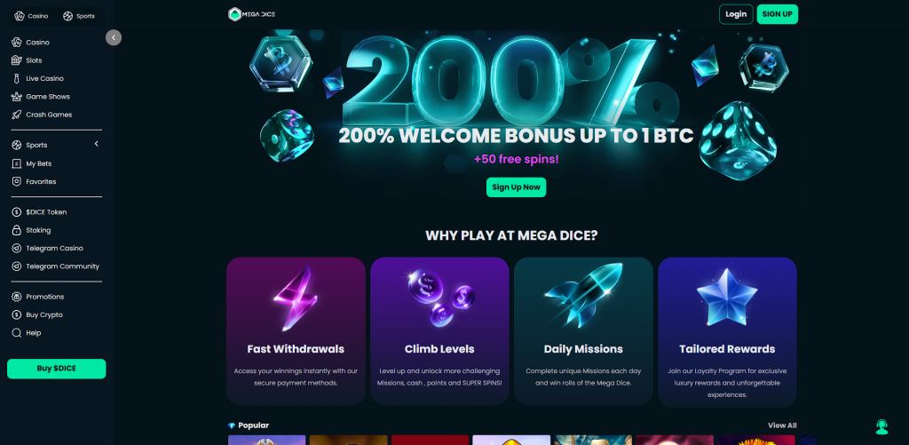 200% welcome Bonus of Mega Dice casino, the home page and main features Mega Dice - crypto casinos in Canada