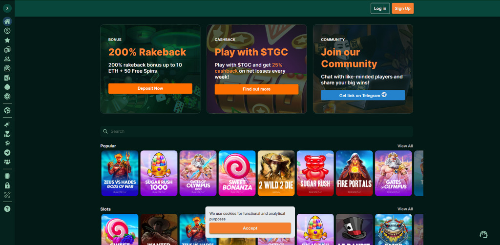 Index page of TG Casino showing the top games, promotions and menu TG Casino - Canadian crypto casinos